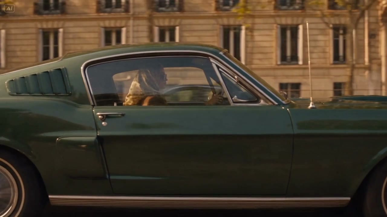 Glamorous golden-hour drive in a classic 1960s Mustang coupe