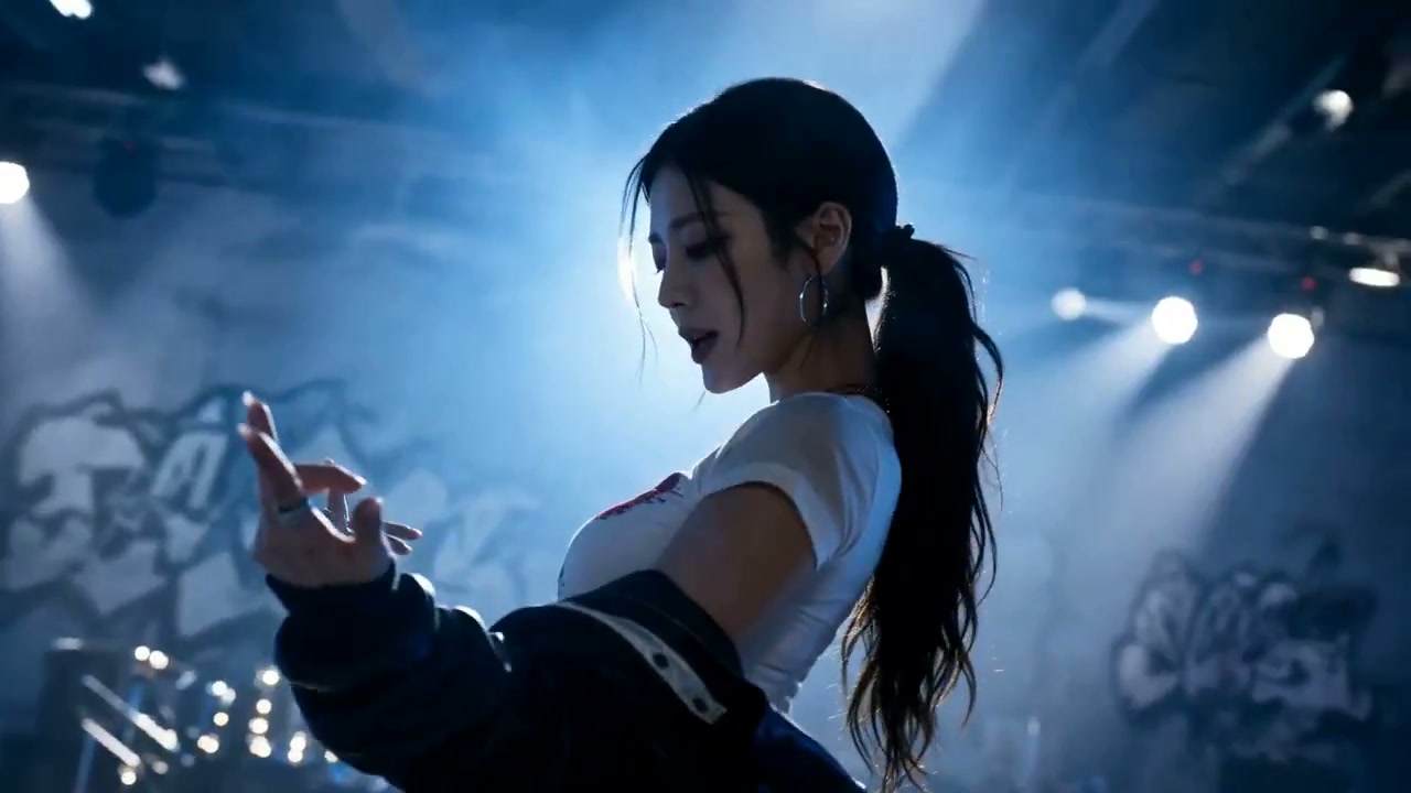 Hip-hop studio performance — lip-sync, drums, neon, and swagger in one take